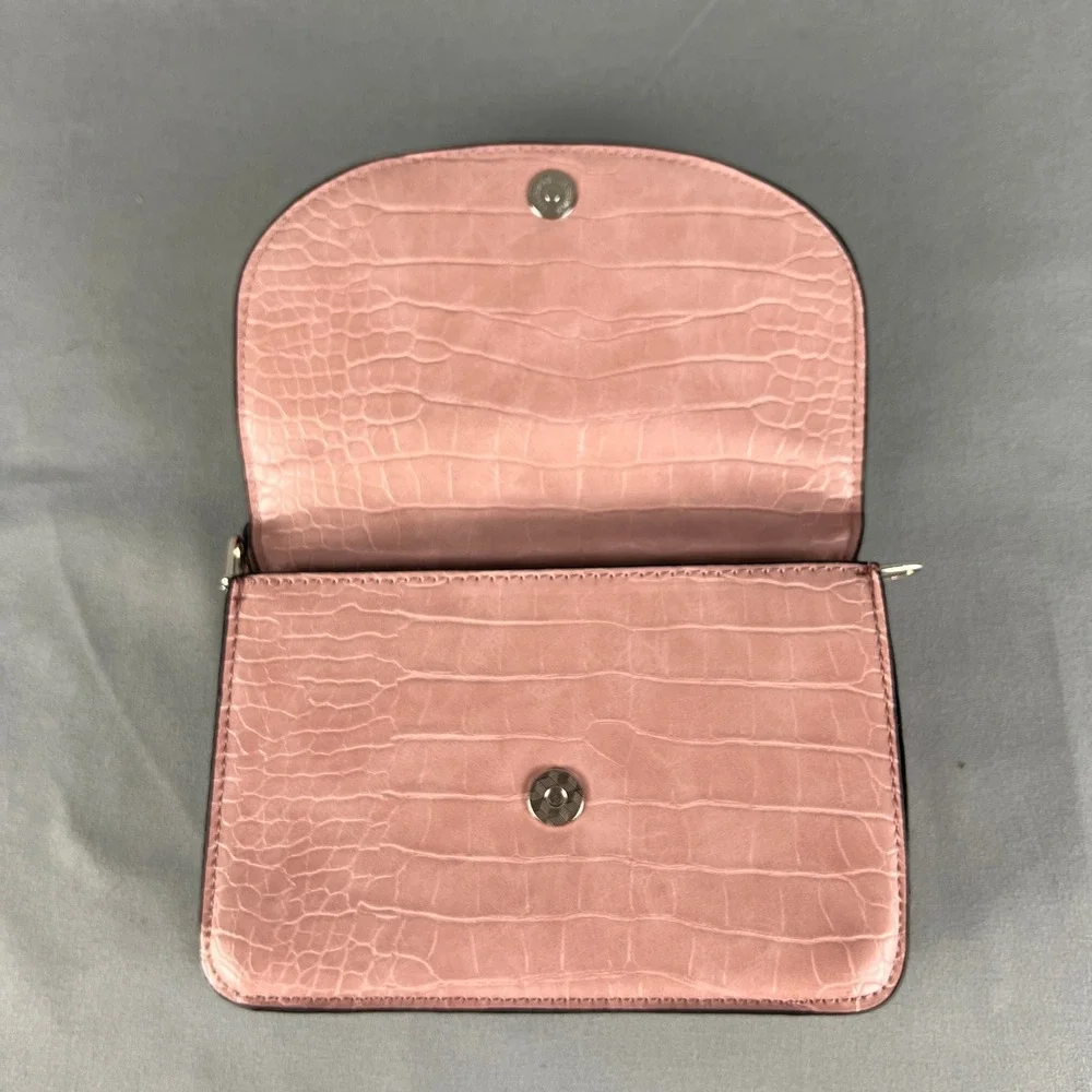Womens Crossbody Bag Pink Croc Embossed Leather Magnetic Snap Flap Modern